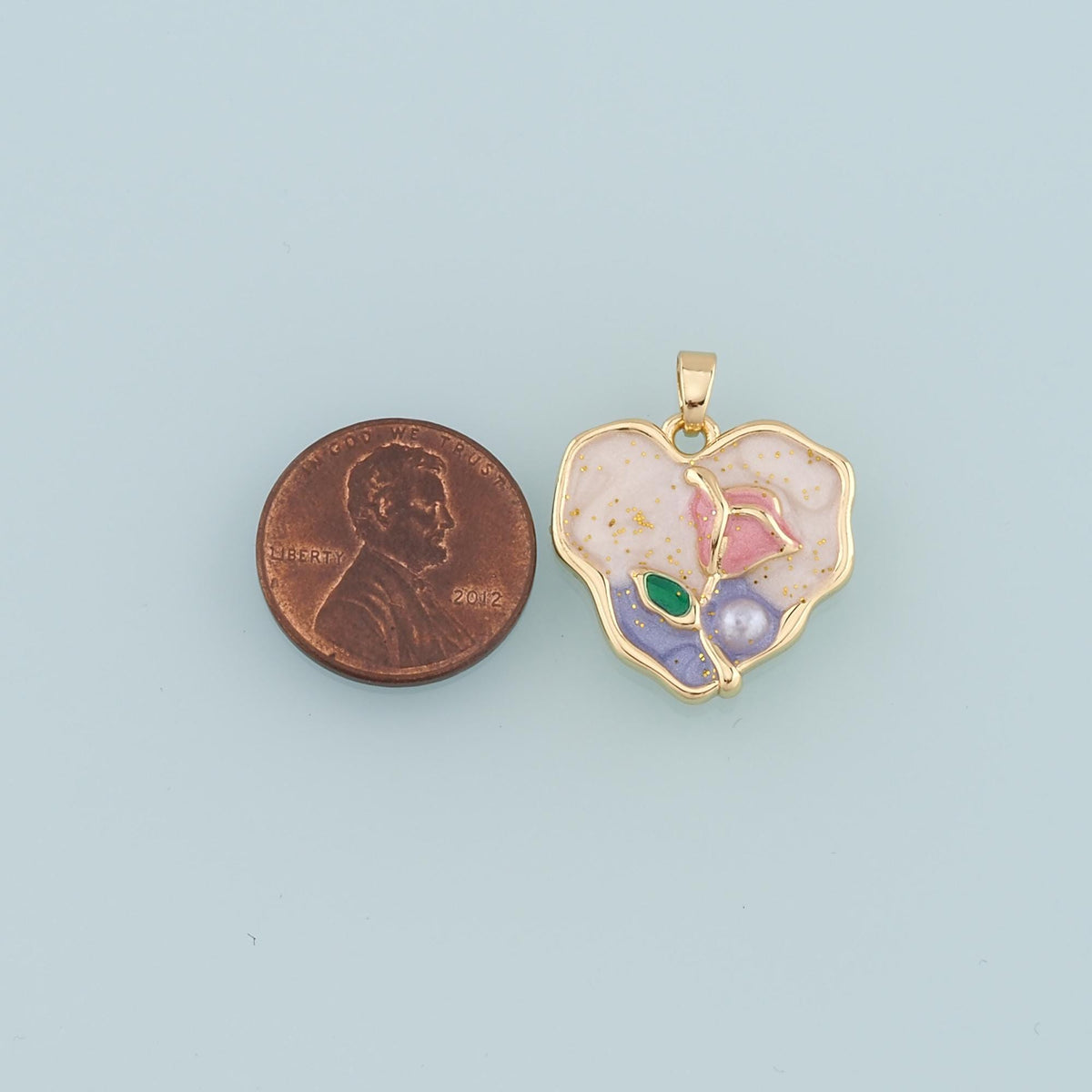 18K Gold Filled Heart Flower Pendant,Enamel Flower Charm Bracelet Necklace for DIY Jewelry Making Supply