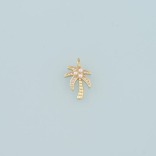 18K Gold Filled Pearl Palm Tree Pendant,CZ Micro Pave Palm Tree Charm Bracelet Necklace for DIY Jewelry Making Supply
