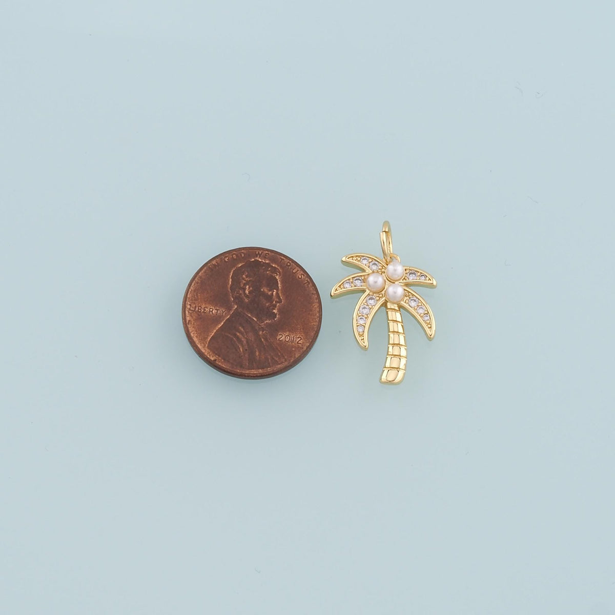 18K Gold Filled Pearl Palm Tree Pendant,CZ Micro Pave Palm Tree Charm Bracelet Necklace for DIY Jewelry Making Supply