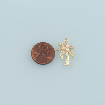 18K Gold Filled Pearl Palm Tree Pendant,CZ Micro Pave Palm Tree Charm Bracelet Necklace for DIY Jewelry Making Supply