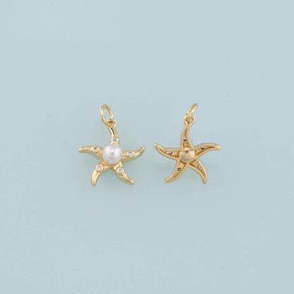 18K Gold Filled Pearl Starfish Pendant,CZ Micro Pave Starfish Charm Bracelet Necklace for DIY Jewelry Making Supply