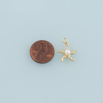 18K Gold Filled Pearl Starfish Pendant,CZ Micro Pave Starfish Charm Bracelet Necklace for DIY Jewelry Making Supply