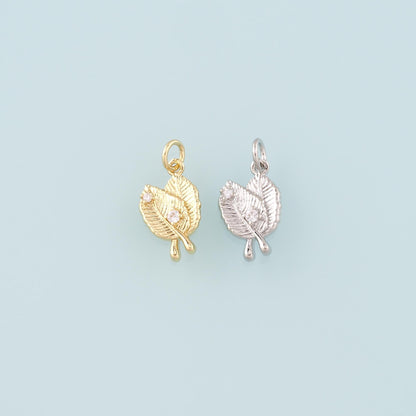 18K Gold Filled Leaf Pendant,CZ Micro Pave Leaf Charm Bracelet Necklace for DIY Jewelry Making Supply