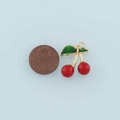 Gold Cherry Charms,18K Gold Filled Enamel Cherry Pendant,Fruit Charm Bracelet Necklace for DIY Jewelry Making Supply