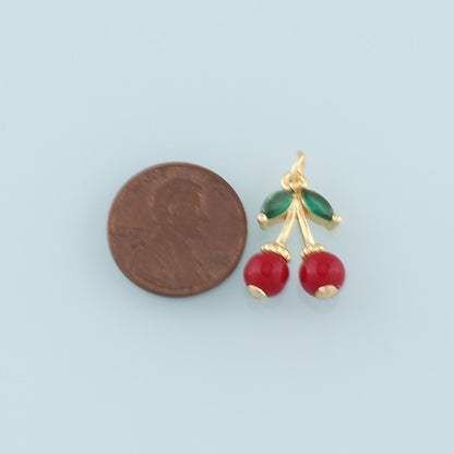 Gold Cherry Charms,18K Gold Filled Enamel Cherry Pendant,Fruit Charm Bracelet Necklace for DIY Jewelry Making Supply