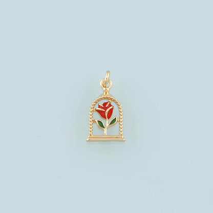 Gold Rose Charm,18K Gold Filled Rose Pendant,Enamel Flower Charm Bracelet Necklace for DIY Jewelry Making Supply