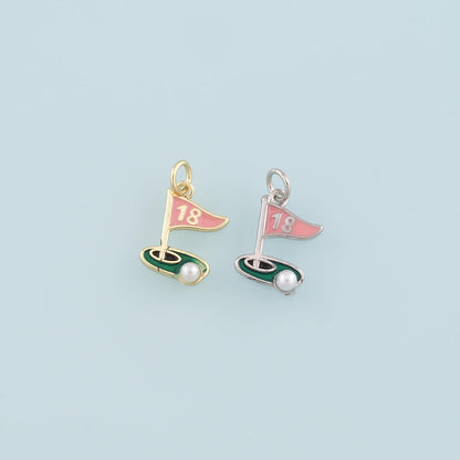 18K Gold Filled Pearl Golf Pendant,Enamel Golf Flag Charm Bracelet Necklace for DIY Jewelry Making Supply
