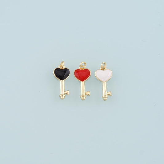 18K Gold Filled Heart Key Pendant,Enamel Key Charm Bracelet Necklace for DIY Jewelry Making Supply