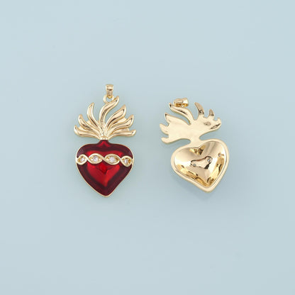 18K Gold Filled Flame Sacred heart Pendant,CZ Micro Pave Religion Charm Bracelet Necklace for DIY Jewelry Making Supply
