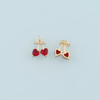 Gold Cherry Charms,18K Gold Filled Heart Cherry Pendant,CZ Micro Pave Fruit Charm Bracelet Necklace for DIY Jewelry Making Su