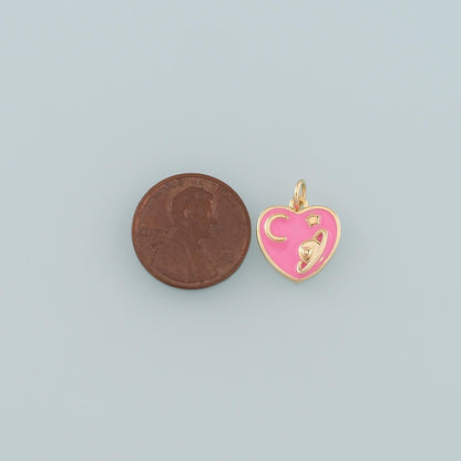 18K Gold Filled Saturn Pendant,Enamel Heart Saturn Charm Bracelet Necklace for DIY Jewelry Making Supply
