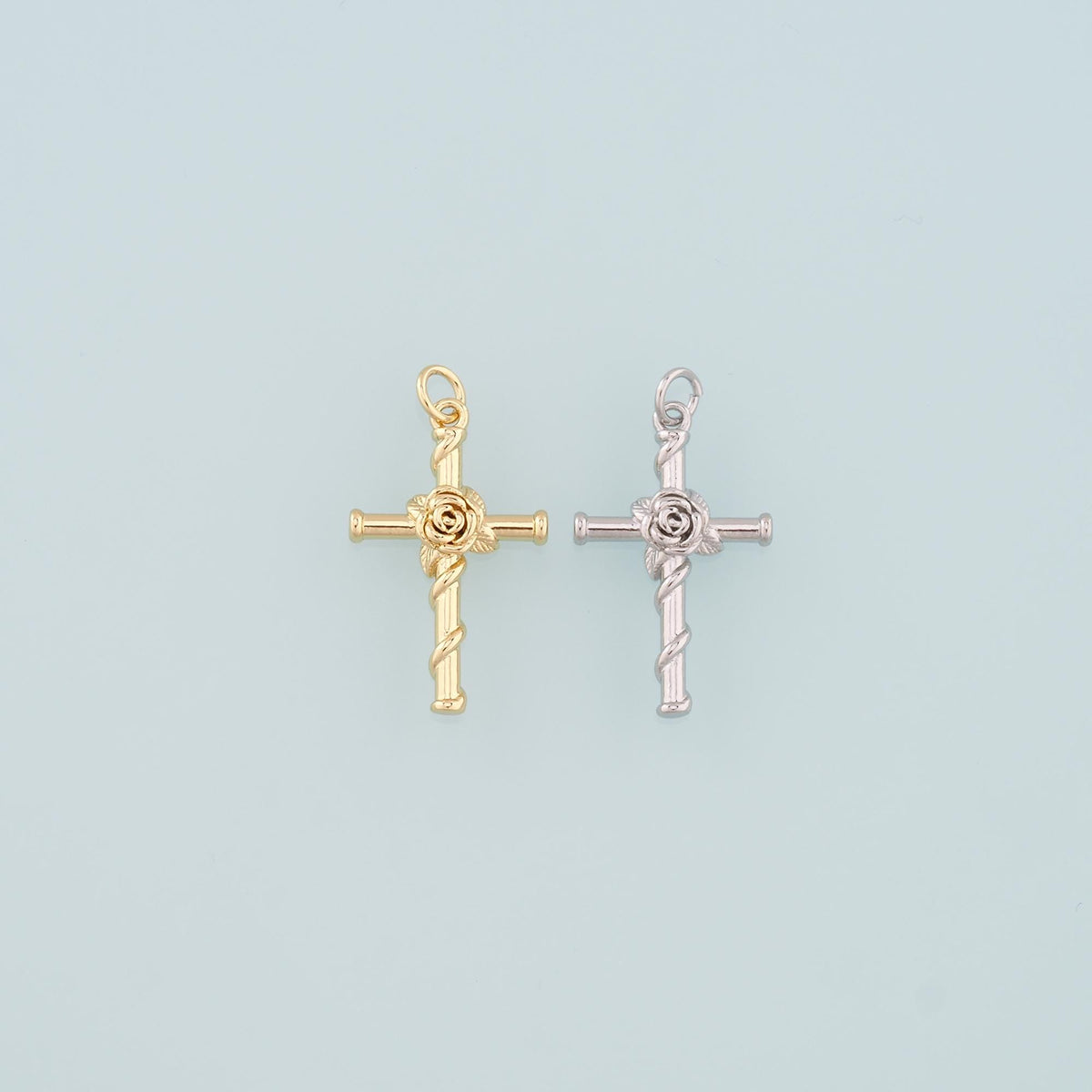 18K Gold Filled Rose Cross Pendant,Dainty Flower Charm Bracelet Necklace for DIY Jewelry Making Supply