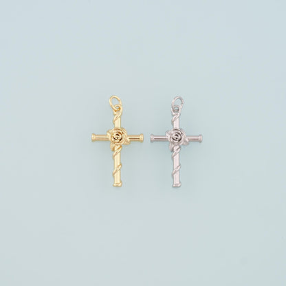 18K Gold Filled Rose Cross Pendant,Dainty Flower Charm Bracelet Necklace for DIY Jewelry Making Supply