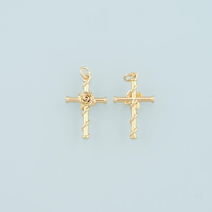18K Gold Filled Rose Cross Pendant,Dainty Flower Charm Bracelet Necklace for DIY Jewelry Making Supply