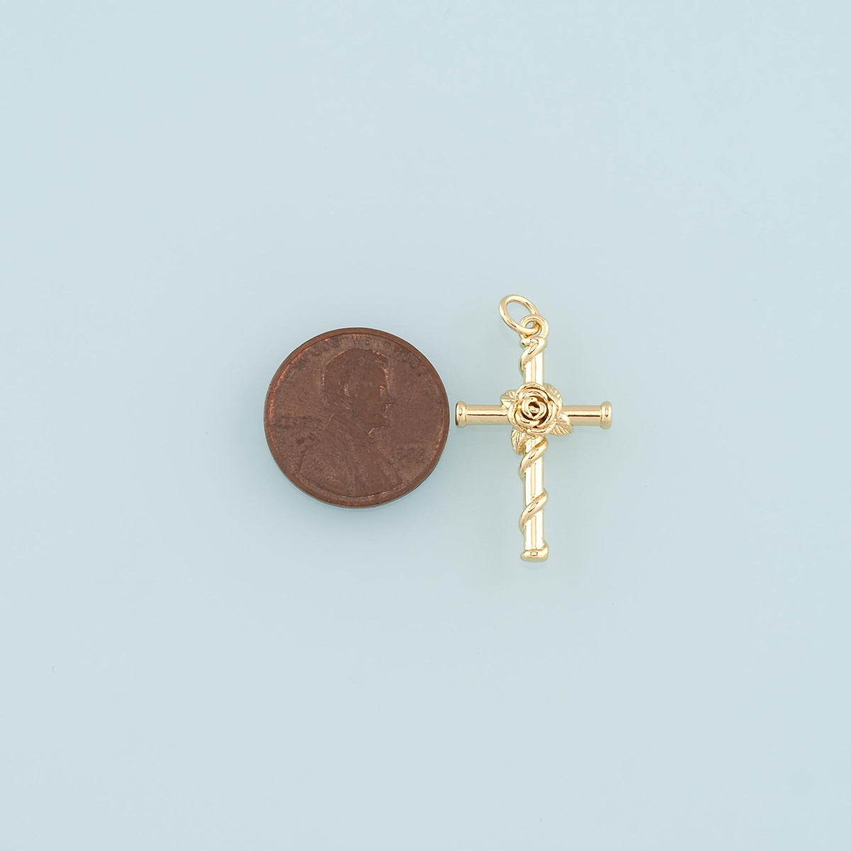 18K Gold Filled Rose Cross Pendant,Dainty Flower Charm Bracelet Necklace for DIY Jewelry Making Supply