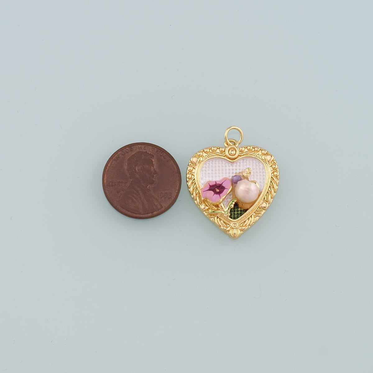 18K Gold Filled Pearl Heart Pendant,Enamel Heart Flower Charm Bracelet Necklace for DIY Jewelry Making Supply