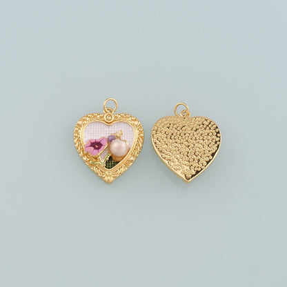 18K Gold Filled Heart Enamel Pearl Charm Pendant for Jewelry Making