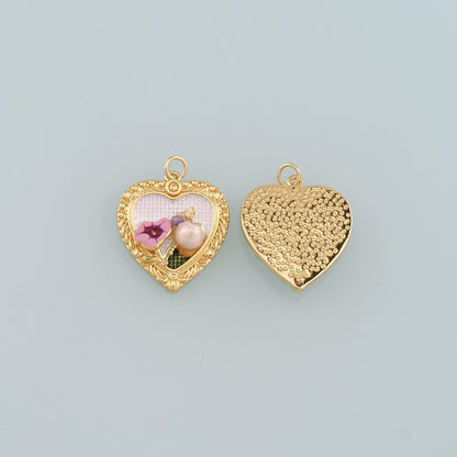18K Gold Filled Pearl Heart Pendant,Enamel Heart Flower Charm Bracelet Necklace for DIY Jewelry Making Supply