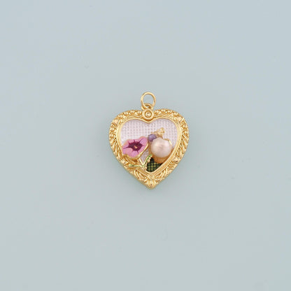 18K Gold Filled Pearl Heart Pendant,Enamel Heart Flower Charm Bracelet Necklace for DIY Jewelry Making Supply