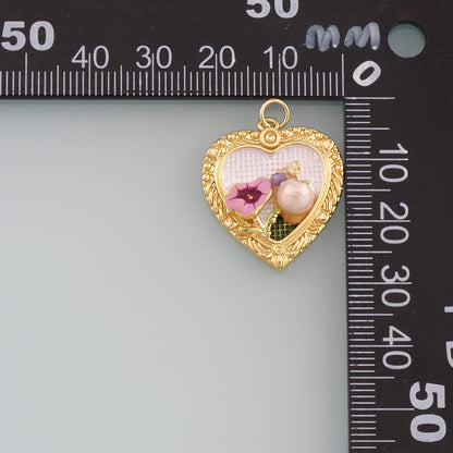 18K Gold Filled Heart Enamel Pearl Charm Pendant for Jewelry Making