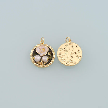 18K Gold Filled Pearl Flower Pendant,Enamel Flower Charm Bracelet Necklace for DIY Jewelry Making Supply