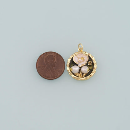 18K Gold Filled Pearl Flower Pendant,Enamel Flower Charm Bracelet Necklace for DIY Jewelry Making Supply