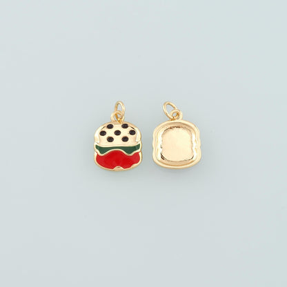 18K Gold Filled Hamburger Pendant,Enamel Gourmet Charm Bracelet Necklace for DIY Jewelry Making Supply