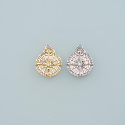18K Gold Filled Compass Pendant,CZ Micro Pave Compass Charm Bracelet Necklace for DIY Jewelry Making Supply