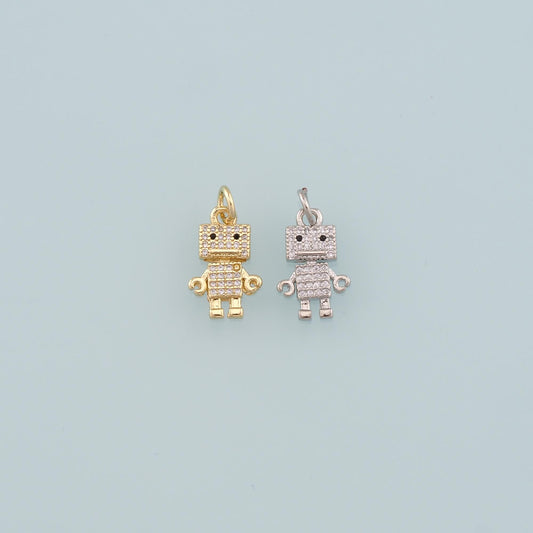 18K Gold Filled Robot Pendant,CZ Micro Pave Robot Charm Bracelet Necklace for DIY Jewelry Making Supply