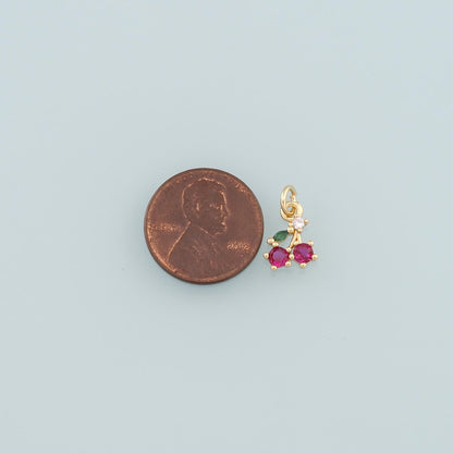 Gold Cherry Charms,18K Gold Filled Cherry Pendant,CZ Micro Pave Fruit Charm Bracelet Necklace for DIY Jewelry Making Supply