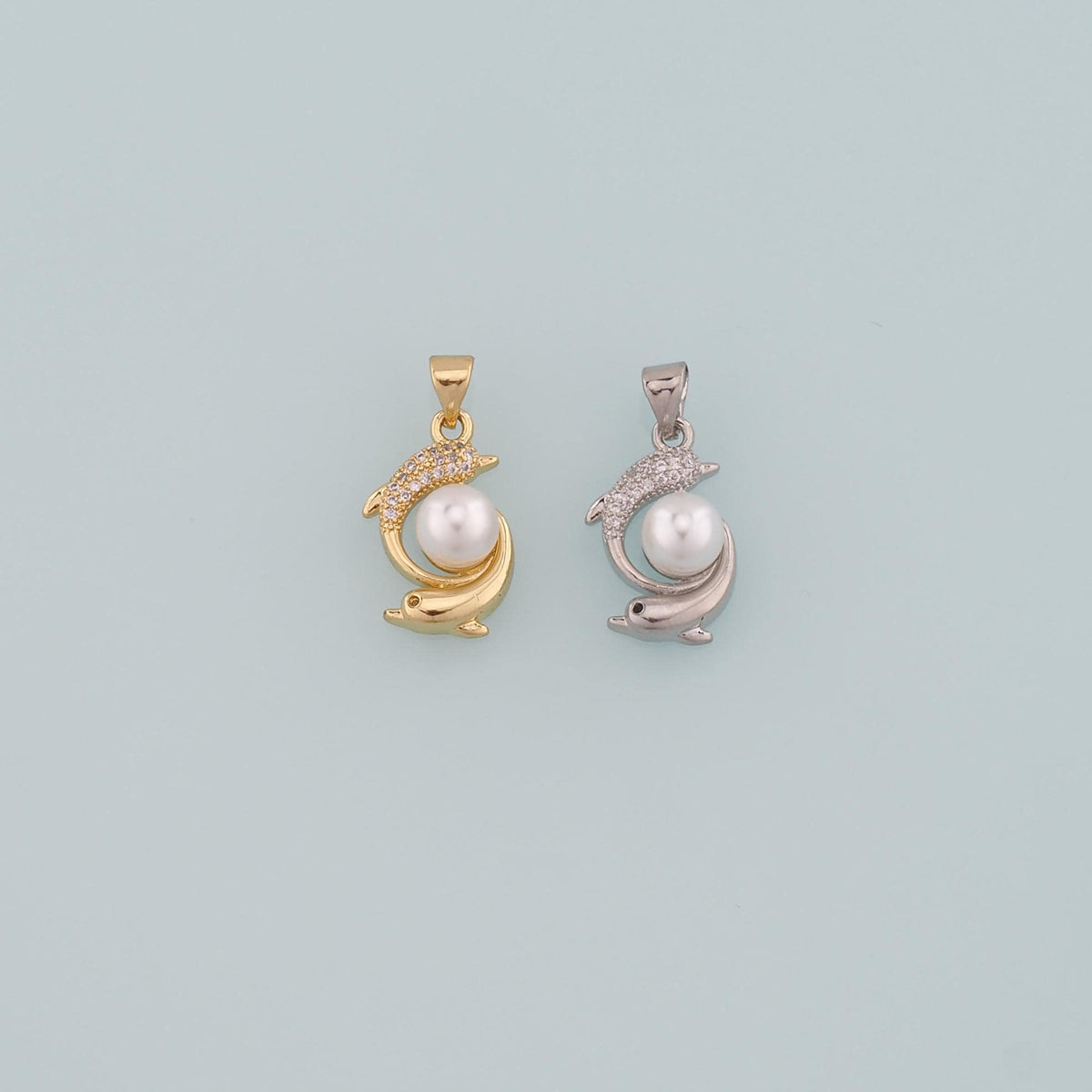 Gold Dolphin Charms,18K Gold Filled Pearl Dolphin Pendant,CZ Micro Pave Ocean Charm Bracelet Necklace for DIY Jewelry Making 