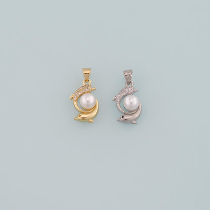 Gold Dolphin Charms,18K Gold Filled Pearl Dolphin Pendant,CZ Micro Pave Ocean Charm Bracelet Necklace for DIY Jewelry Making 