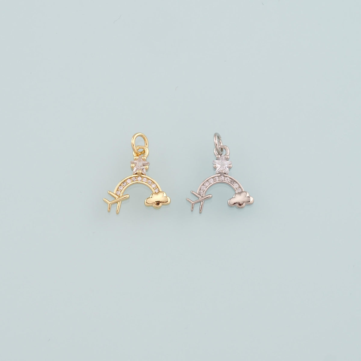 Gold Airplane Charms,18K Gold Filled Rainbow Pendant,CZ Micro Pave Clouds Charm Bracelet Necklace for DIY Jewelry Making Supp