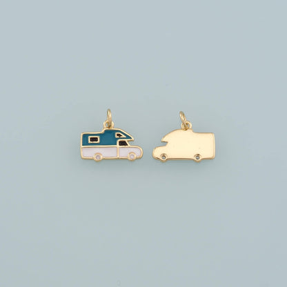 Gold Camping Charms,18K Gold Filled RV Van Pendant,Enamel Travel Charm Bracelet Necklace for DIY Jewelry Making Supply