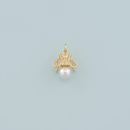 Gold Insect Charms,18K Gold Filled Pearl Bee Pendant,CZ Micro Pave Bee Charm Bracelet Necklace for DIY Jewelry Making Supply