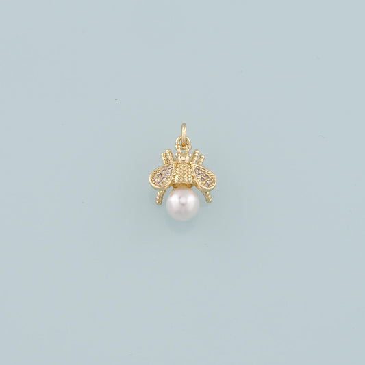 Gold Insect Charms,18K Gold Filled Pearl Bee Pendant,CZ Micro Pave Bee Charm Bracelet Necklace for DIY Jewelry Making Supply