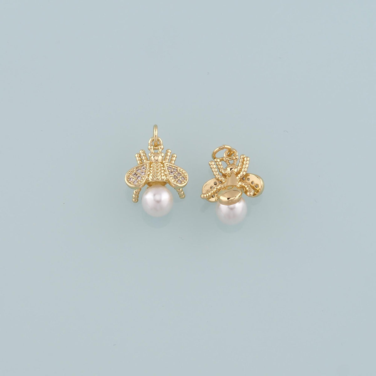 Gold Insect Charms,18K Gold Filled Pearl Bee Pendant,CZ Micro Pave Bee Charm Bracelet Necklace for DIY Jewelry Making Supply
