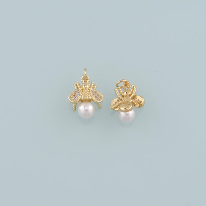 Gold Insect Charms,18K Gold Filled Pearl Bee Pendant,CZ Micro Pave Bee Charm Bracelet Necklace for DIY Jewelry Making Supply
