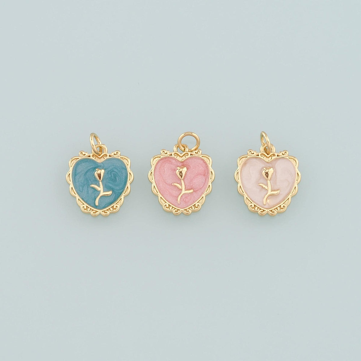 Gold Heart Rose Charm,18K Gold Filled Rose Pendant,Enamel Flower Charm Bracelet Necklace for DIY Jewelry Making Supply