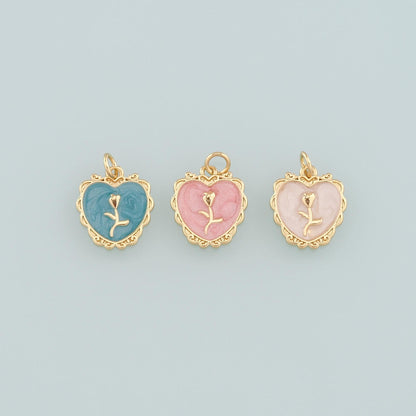 Gold Heart Rose Charm,18K Gold Filled Rose Pendant,Enamel Flower Charm Bracelet Necklace for DIY Jewelry Making Supply