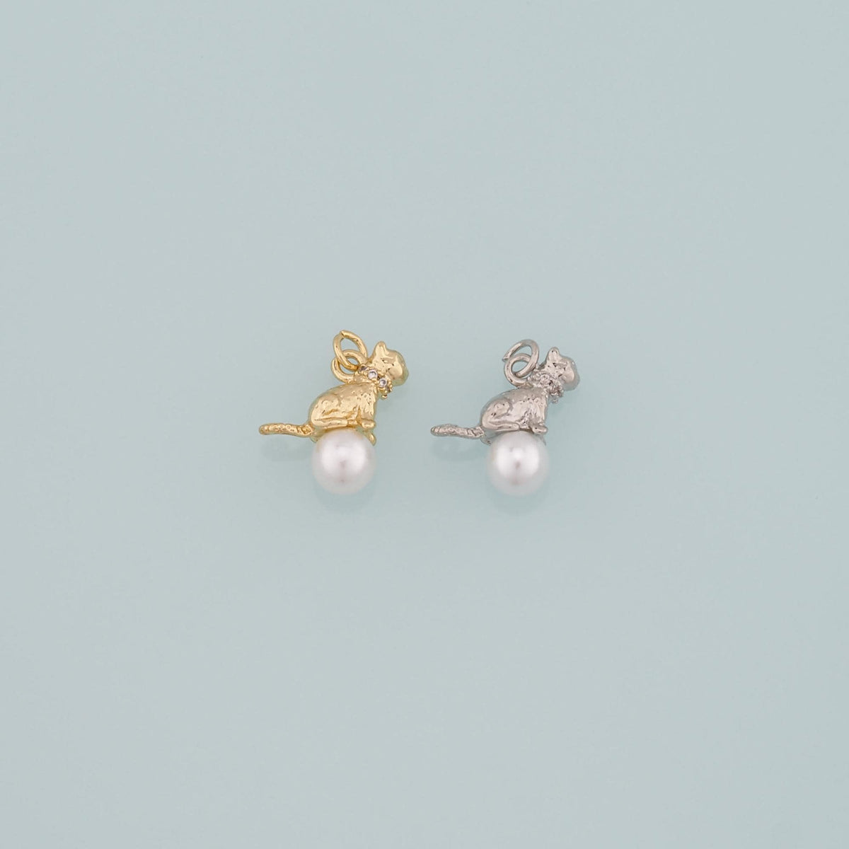 Gold Cat Charm,18K Gold Filled Pearl Cat Pendant,CZ Micro Pave Animal Charm Bracelet Necklace for DIY Jewelry Making Supply