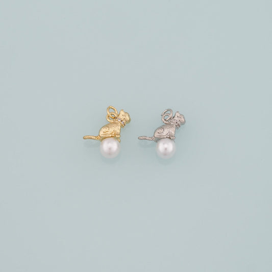 Gold Cat Charm,18K Gold Filled Pearl Cat Pendant,CZ Micro Pave Animal Charm Bracelet Necklace for DIY Jewelry Making Supply