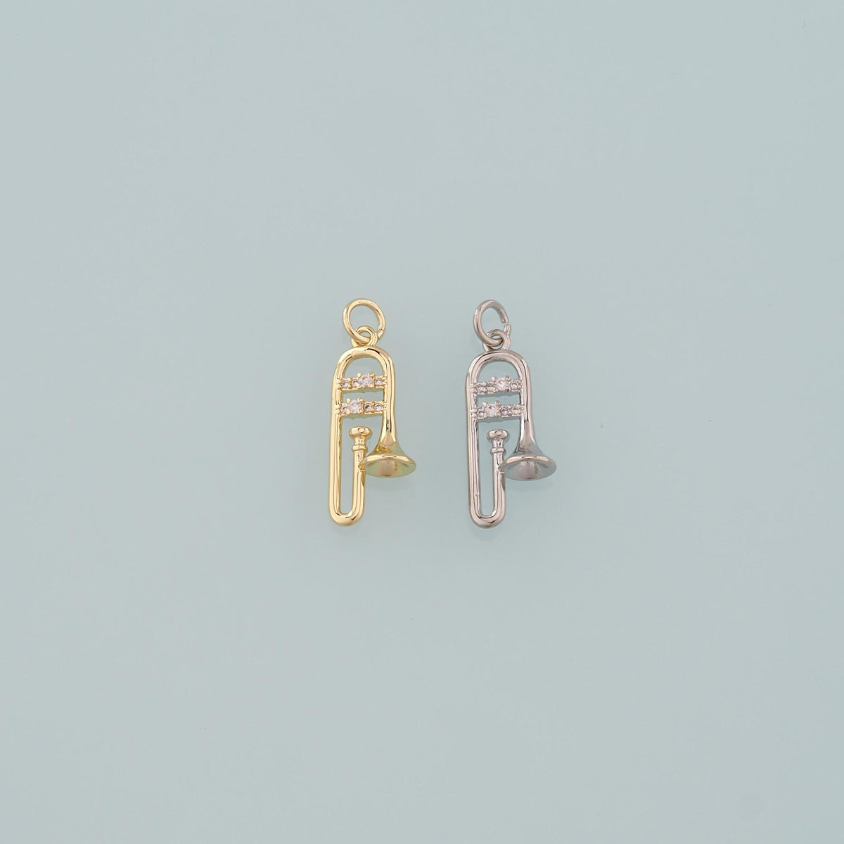 Gold Musical Instrument Charms,18K Gold Filled Trombone Pendant,CZ Micro Pave Trombone Charm Bracelet Necklace for DIY Jewelr