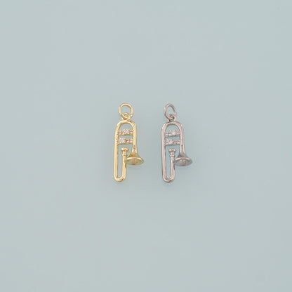 Gold Musical Instrument Charms,18K Gold Filled Trombone Pendant,CZ Micro Pave Trombone Charm Bracelet Necklace for DIY Jewelr