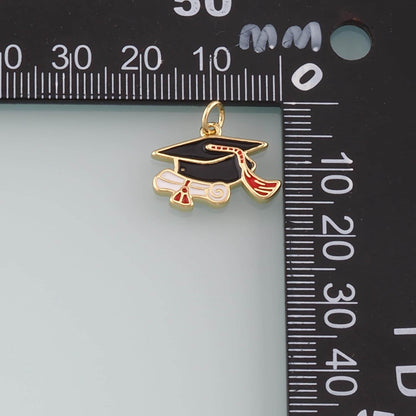 18K Gold Filled Bachelor Cap Pendant,Enamel Graduation Charm Bracelet Necklace for DIY Jewelry Making Supply