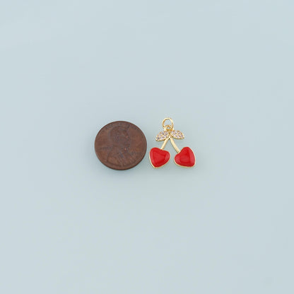 Gold Heart Cherry Charms,18K Gold Filled Cherry Pendant,Enamel Fruit Charm Bracelet Necklace for DIY Jewelry Making Supply