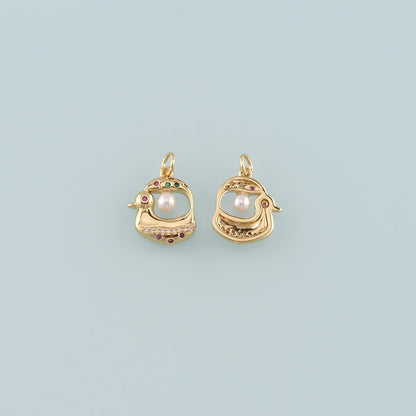 Gold Animal Charms,18K Gold Filled Pearl Duck Pendant,CZ Micro Pave Duck Charm Bracelet Necklace for DIY Jewelry Making Suppl