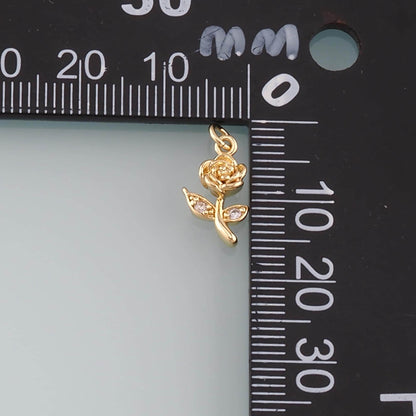 Gold Rose Charm,18K Gold Filled Rose Pendant,CZ Micro Pave Flower Charm Bracelet Necklace for DIY Jewelry Making Supply