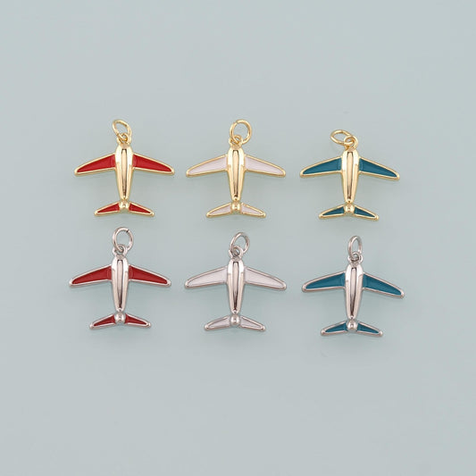 18K Gold Filled Airplane Pendant,Enamel Airplane Charm Bracelet Necklace for DIY Jewelry Making Supply