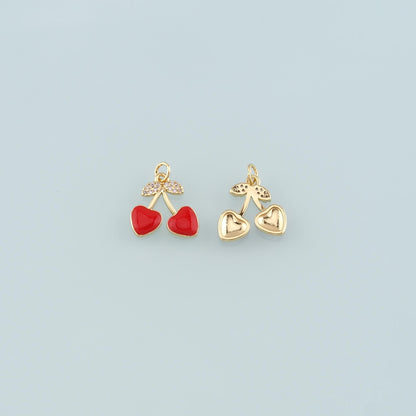 Gold Heart Cherry Charms,18K Gold Filled Cherry Pendant,Enamel Fruit Charm Bracelet Necklace for DIY Jewelry Making Supply